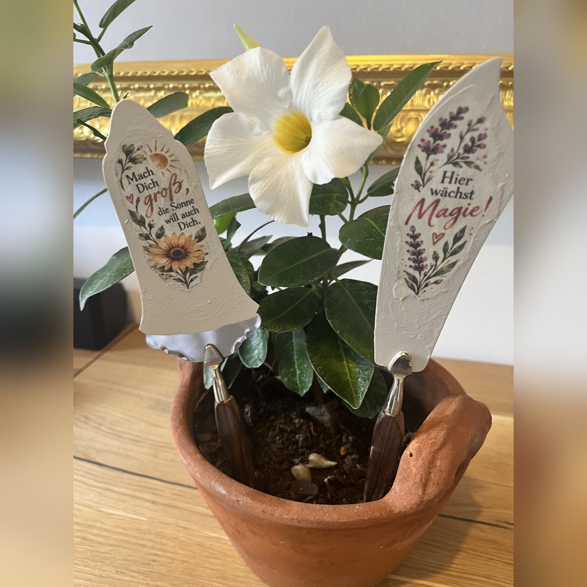 Florale Launeheber – bemalte Tortenheber als Pflanzenstecker im Blumentopf