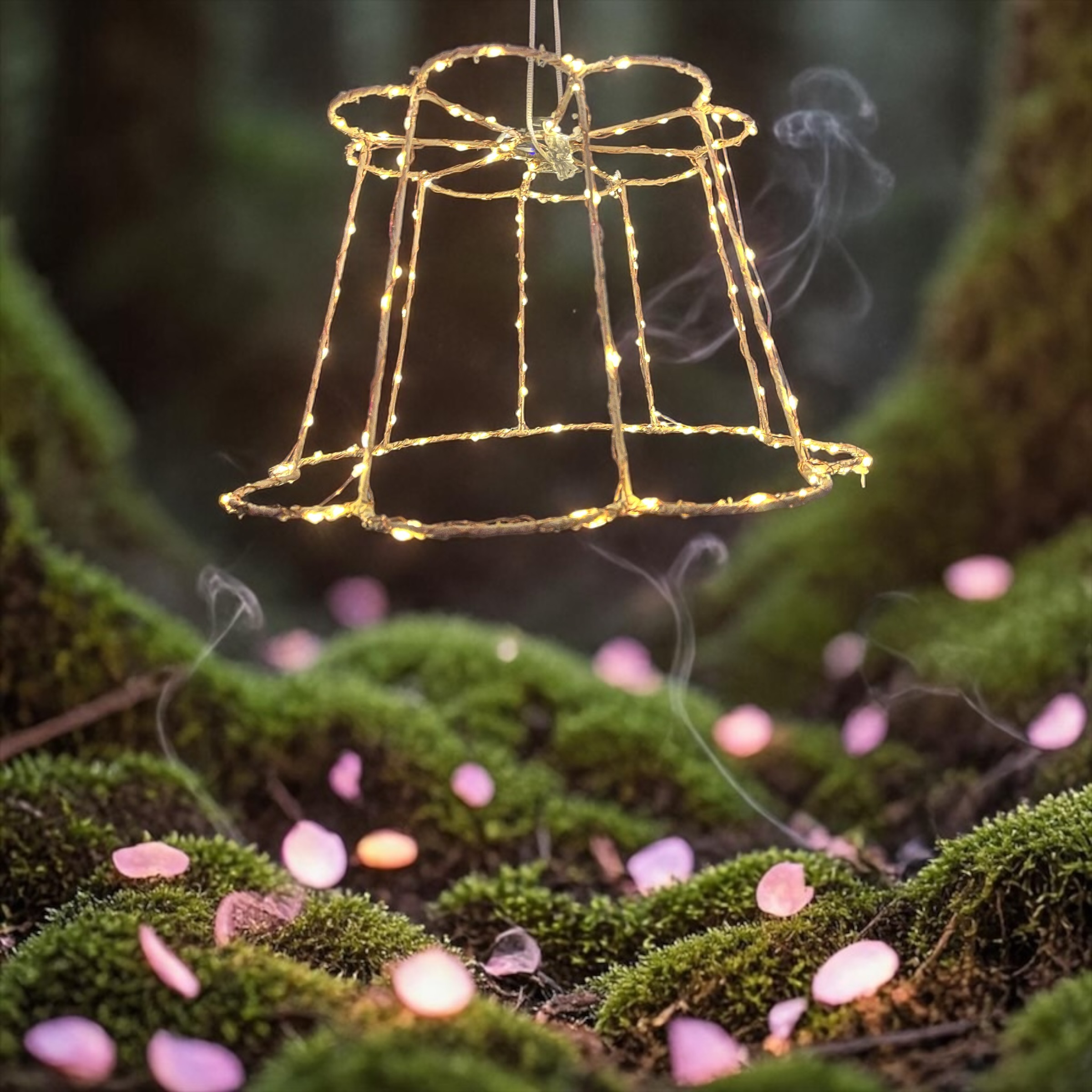 Eloria, ein solarbetriebenes Lichtwesen mit filigraner Lichtkrone, hängt abends leuchtend im Wald