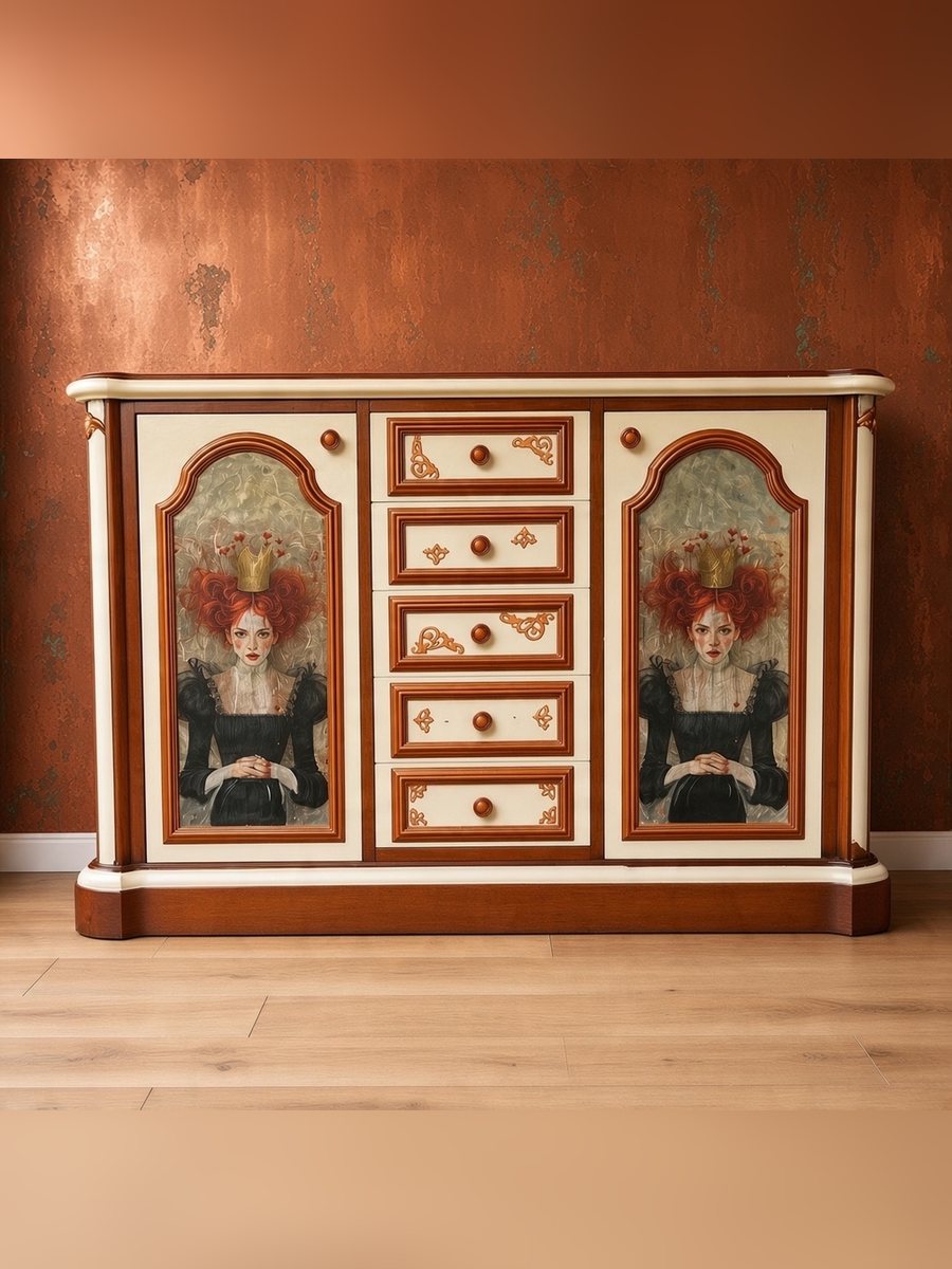 Tante Irmi – Sideboard aus Nussbaumholz mit handgemalten Damen mit Krönchen