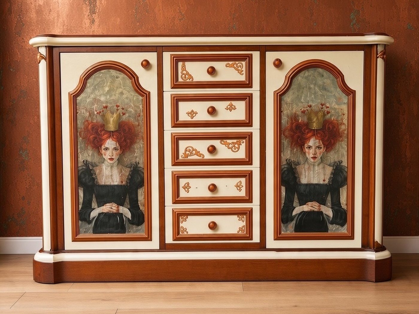 Tante Irmi – Sideboard aus Nussbaumholz mit zwei handgemalten Damen mit Krönchen und kupferfarbenen Details